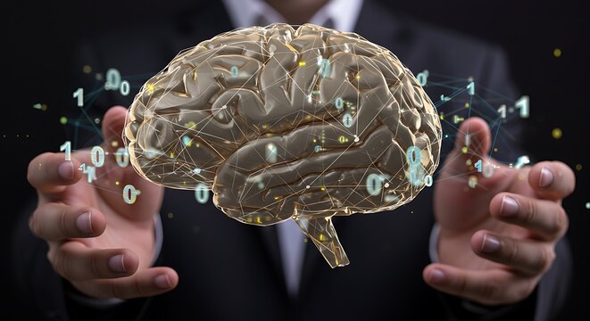 Businessman holding a glowing digital brain surrounded by binary code, representing artificial intelligence, digitalization, and data processing