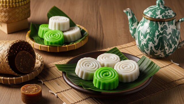 A visually stunning still life of Indonesian traditional Getuk Lindri or Putu Ayu served on banana leaves with a vintage green and white ceramic teapot, emphasizing rustic warmth and rich cultural her