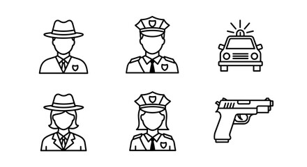 Law enforcement icons showing police officers, detectives, car, and gun for crime investigation and justice concepts, perfect for crime prevention campaigns