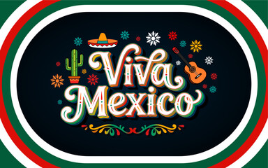 Viva Mexico poster. Traditional holidays. A guitar and cactus and other pattern ornaments. Banner with typical Mexican hat. Vector illustration. Great for posters, cards, banners and social media.