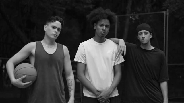 Group of young men standing together on basketball court in black and white, showing confidence, friendship, and unity with expressive faces and strong sense of identity and pride