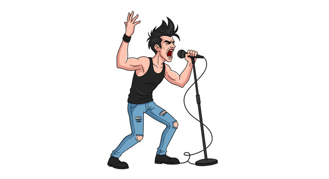 Energetic rockstar passionately singing into microphone with ripped jeans and expressive pose, perfect for music event promotions or edgy design projects