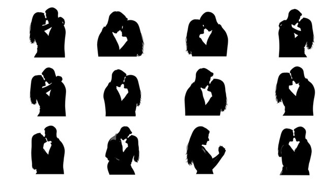 Romantic silhouettes of couples embracing convey love and connection for Valentine's Day, wedding invitations, or heartfelt greeting cards