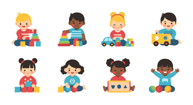 Cheerful toddlers joyfully play with colorful toys, building towers and exploring shapes in a bright, inviting learning environment perfect for education