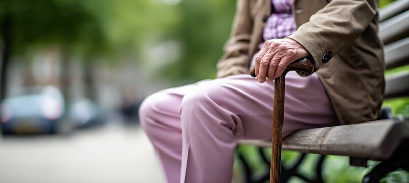 Senior person's hand holding a walking cane while sitting on a park bench, reflecting on retirement and old age - Powered by Adobe