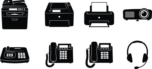 Office equipment silhouettes, multifunction printer, laser printer, inkjet printer, projector, landline telephone, fax machine, headset – cad drawing flat vector illustration