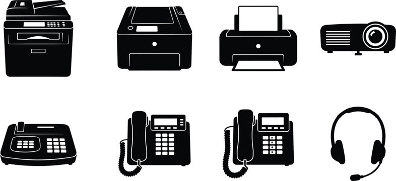 Office equipment silhouettes, multifunction printer, laser printer, inkjet printer, projector, landline telephone, fax machine, headset – cad drawing flat vector illustration