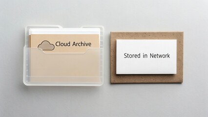 Obraz premium Cloud Archive Storage Concept with Document Holder and Network Card on Minimalist Background
