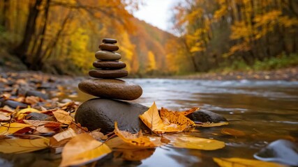 Stacked zen stones by a calm river during autumn season, surrounded by golden fall leaves and forest, symbol of harmony, mindfulness, and Thanksgiving season tranquility in nature - Powered by Adobe