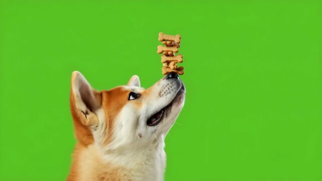 Corgi balancing bone biscuits on nose, green backdrop, canine training discipline, focused gaze, patience practice, pet obedience trick, studio lighting, treat stack precision, calm control