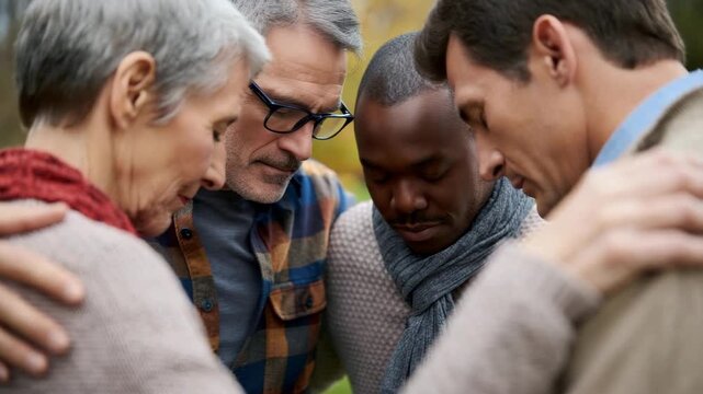 Group of diverse adults standing in close prayer circle outdoors showing unity faith and spiritual connection with eyes closed and hands on shoulders in peaceful moment of worship and support
