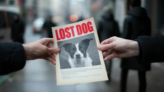 Lost dog flyer exchange in urban setting, missing pet alert in city street, person sharing information, search for lost animal, community assistance, compassionate outreach, emotional appeal