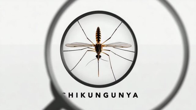 Magnified mosquito through a clear magnifying glass on white background, insect study for CHIKV disease prevention, chikungunya virus awareness, vector-borne illness research, mosquito anatomy focus