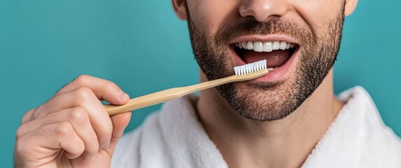 Man brushing teeth with eco friendly bamboo toothbrush, bright white smile and fresh morning self care routine in bathroom studio setting