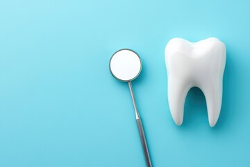 White model tooth and dental mirror on a blue background, representing dentistry, dental care, and oral hygiene concepts
