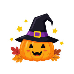 A cheerful cartoon pumpkin wearing a witch's hat, surrounded by autumn leaves and stars.