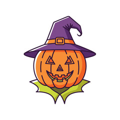 A cheerful cartoon jack-o'-lantern wearing a pointy purple witch's hat, isolated on a white background.