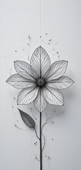 Elegant monochrome floral design features a stylized flower with delicate line details.
