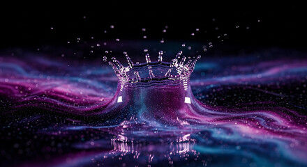Captivating splash art with water crown against cosmic nebula background. Ideal for science visuals, galaxy concepts, and futuristic tech presentations.  Great for fluid dynamics, astronomy,
