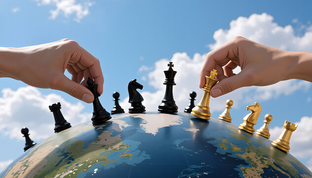Two hands are moving chess pieces on a globe, symbolizing worldwide business or political maneuvering
