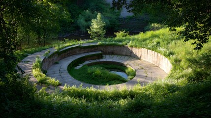 Concrete amphitheater structure nestles within lush green foliage beside a small body of water © Jojo*