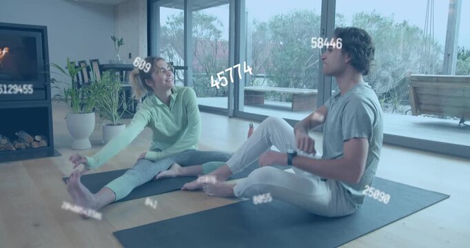 Friends grabbing rod performing partner and hamstring stretches with animated health graph