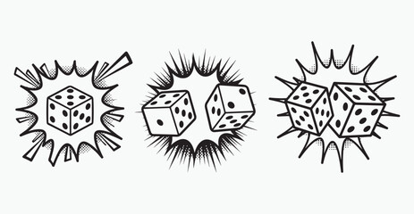 Dice pop art vector graphic with halftone pattern and outline
