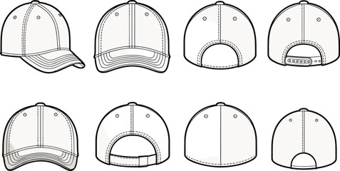 Baseball cap eight perspective views, front, side, back and rear angles, stitching and strap variations, curved brim, cad drawing flat vector illustration