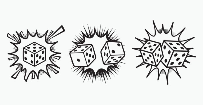 Dice pop art vector graphic with halftone pattern and outline