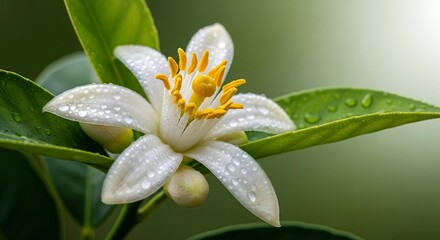 Fototapeta premium Delicate white citrus blossom with water droplets glistening in soft light on green leaves