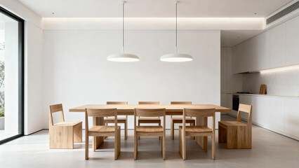 Fototapeta premium Modern minimalist dining area with wooden table and chairs in a bright, open-plan interior