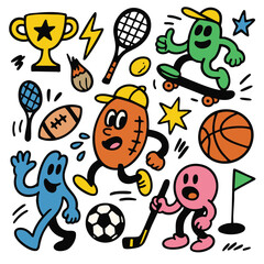 Sports cartoon characters trophy tennis skateboard football basketball soccer hockey fun