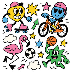 Colorful cartoon characters skating, cycling, playing basketball, and running with playful energy