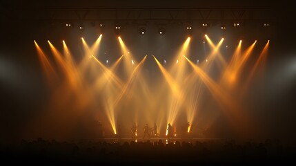 Bright orange spotlights illuminate a darkened performance stage with silhouettes of musicians and an audience visible below.