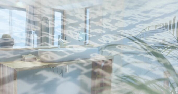 After shot blur, translucent code overlay drifting then fading to reveal modern bathroom vanity