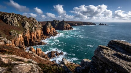 Rugged coastal cliffs meet deep blue ocean waters under a dramatic cloudy sky