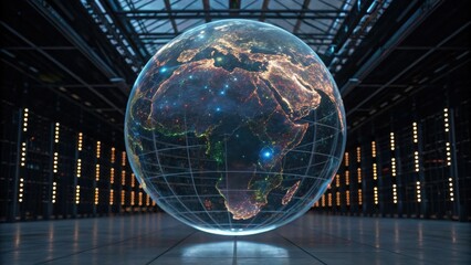 A futuristic globe displays illuminated continents and networks, set against a dark, tech-inspired background, symbolizing global connectivity.