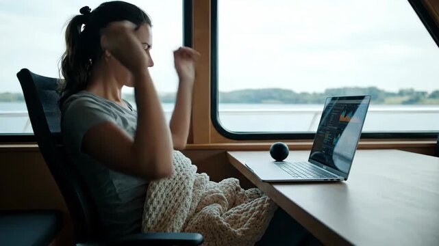 Pregnant Woman Working on Laptop on a Ferry with Scenic Water View.