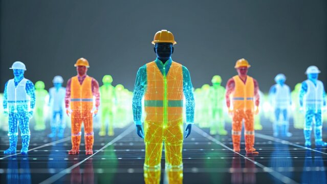 A digital representation of construction workers, featuring a central figure in a high-visibility vest, surrounded by holographic silhouettes in various colors.
