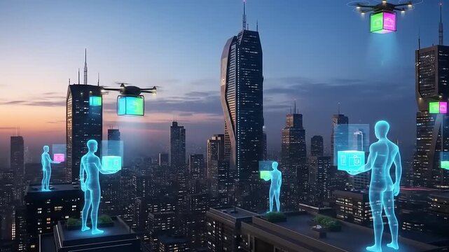 Futuristic Drones Deliver Packages to Holographic People in a Modern Cityscape.