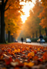 Visitors walk along a park path covered in vibrant autumn leaves as the sun sets, creating a warm, enchanting atmosphere perfect for Halloween Generative AI