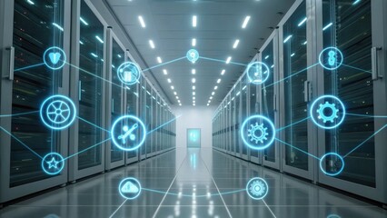 A modern server room featuring illuminated server racks and holographic icons representing technology and connectivity.