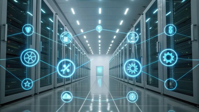 A modern server room featuring illuminated server racks and holographic icons representing technology and connectivity.