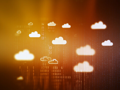 Cloud icons with binary code overlay representing SaaS, digital transformation, data management, and modern cloud computing in a futuristic business technology concept.