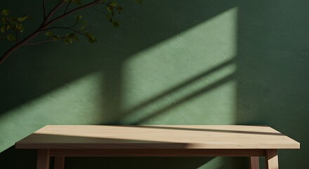Minimalist wooden display table against a dark green textured wall, bathed in natural sunlight and shadows, ideal for product showcases, interior design mockups, and serene contemporary backdrops