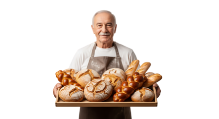 Baker holding tray with bread isolated on transparent background, smiling at camera