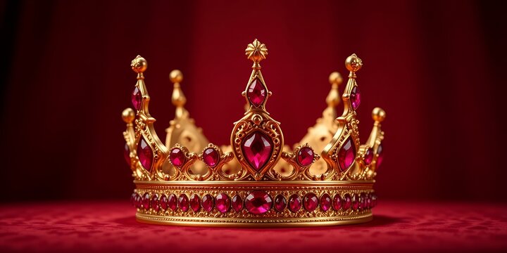 luxurious golden crown adorned with deep red gemstones resting on rich red fabric background