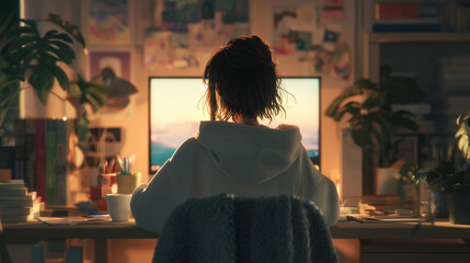 パソコンを操作する女性の後ろ姿