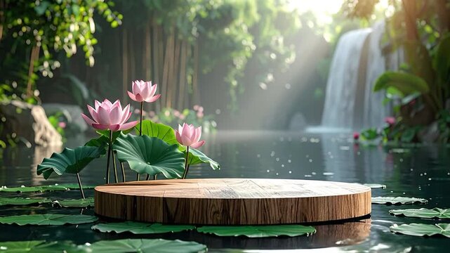 A tranquil wooden podium for product presentation, floating on a serene pond with blooming pink lotus flowers and a beautiful waterfall backdrop