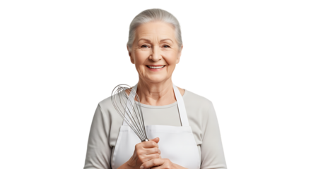Smiling senior woman holding a whisk isolated on transparent background
